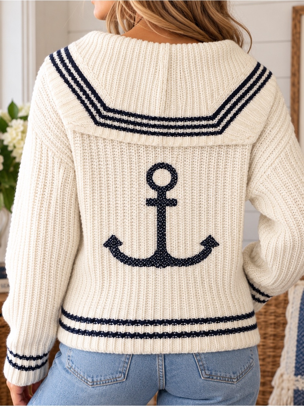 X-Small | Marled | Ivory & Navy Knit Sweater + Sailor Collar Anchor